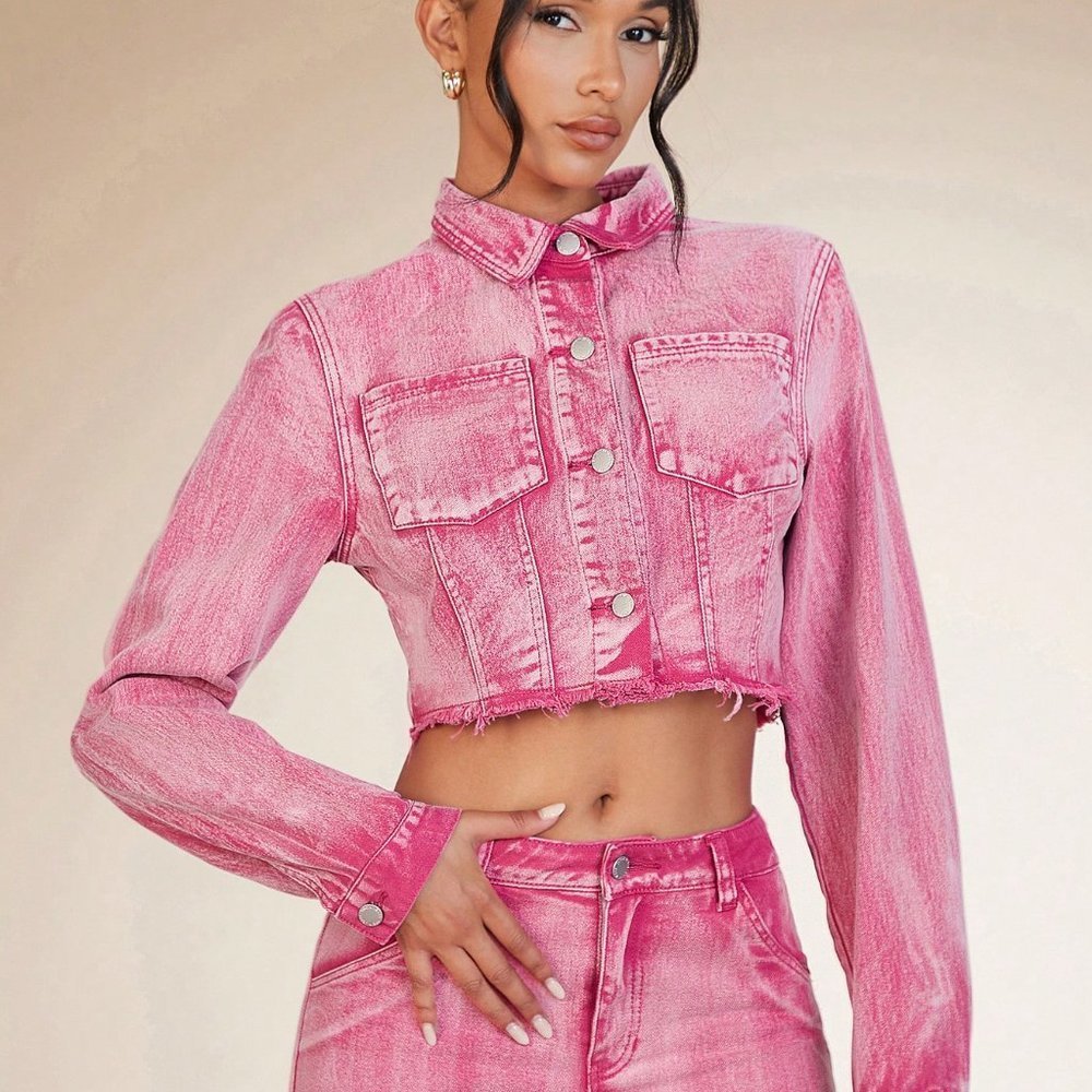 Pink Casual Womens Pocket Patched Crop Denim Jacket Without Bra - Picture 5 of 6